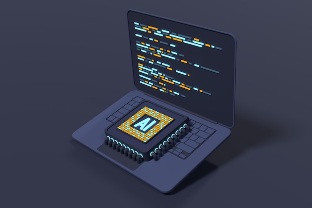 3D renderowanie komputera przenośnego z mikrochipem AI chipu koncepcja sprzętowa futurystyczny mikrochip na laptopie Laptop sztuczna inteligencja renderowanie 3D