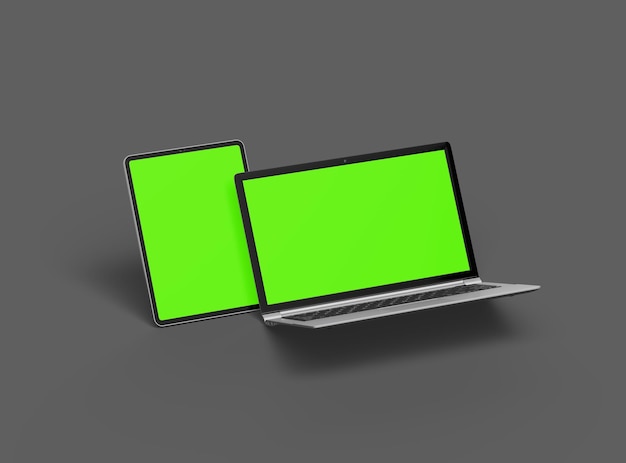 3D renderowanie laptopa i tabletu z zielonym ekranem na ciemnym tle