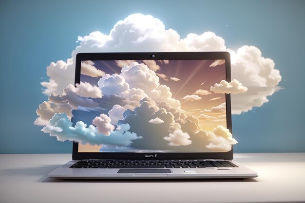 3D renderowanie laptopa z koncepcją white cloud cloud computing