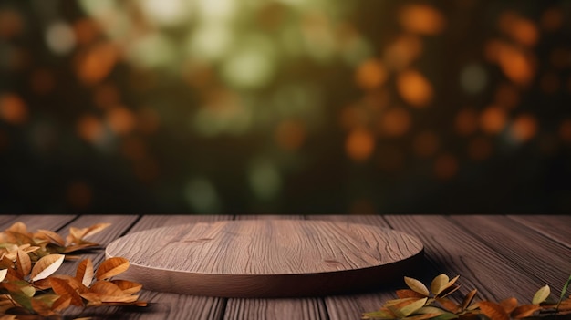 3d renderowanie liści i drewniany wyświetlacz stołu