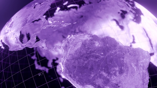 Zdjęcie 3d renderowanie mapy kuli ziemskiej ameryki technologia i futurystyczna purpurowa linia świecące tło ziemi