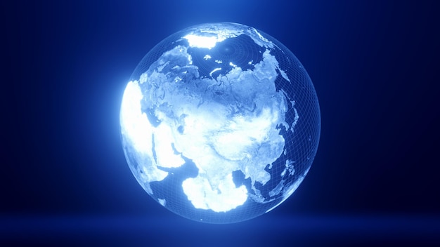 3D renderowanie mapy kuli ziemskiej Azji Technologia i futurystyczna niebieska linia świecące tło ziemi