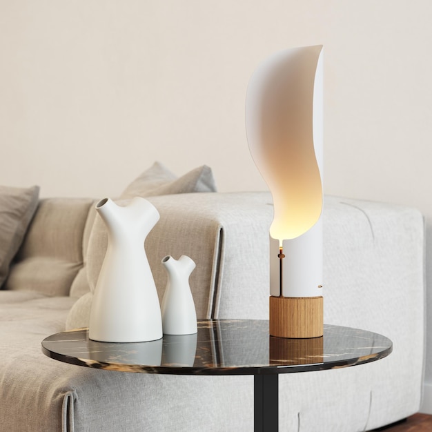 3D Renderowanie niskiego stołu z bliska z lampą i dekoracją Biała sofa i ściany Miękkie oświetlenie
