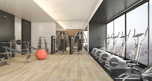3D renderowanie nowoczesnego drewna i czarnego dekoru siłownia i fitness z ładnym widokiem