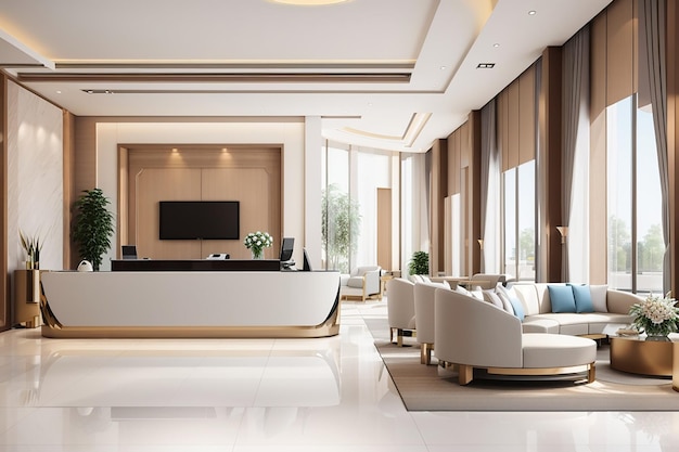 3d renderowanie nowoczesnego luksusowego hotelu i recepcji biurowej i salonu konferencyjnego