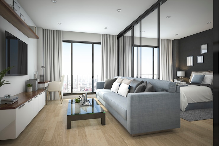 Zdjęcie 3d renderowanie nowoczesnego minimalnego drewna w salonie i sypialni w mieszkaniu