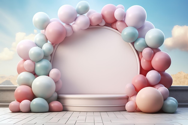 3D renderowanie okrągłej sceny z pastelowymi balonami na tle Ai Generated