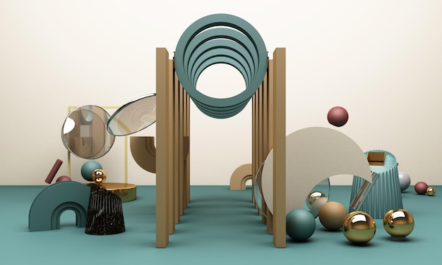 3d renderowanie pastelowe tło z kształtami geometrycznymi Złote i pastelowe kolory czarne szkło Po prostu modny projekt do promocji lub pokazu produktu Minimalny model banera