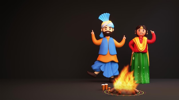 3d Renderowanie Pendżabskiej Młodej Pary Robi Taniec Bhangra I Element Festiwalu Lohri Na Czarnym Tle Z Miejsca Kopiowania