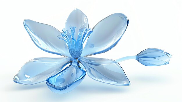 Zdjęcie 3d renderowanie pięknego niebieskiego kryształowego kwiatu izolowanego na białym tle kwiat ma sześć płatków i długi łodyg z pąkiem