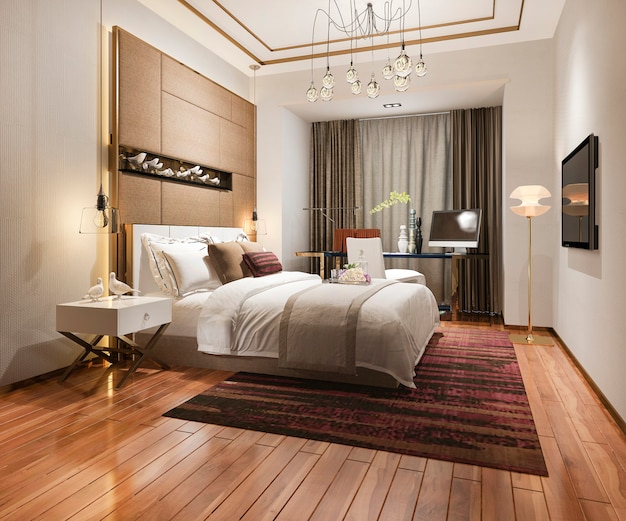 3D renderowanie pięknej luksusowej sypialni w hotelu z telewizorem