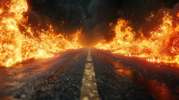 3D renderowanie płonących płomieni i płonącej drogi na czarnym tle