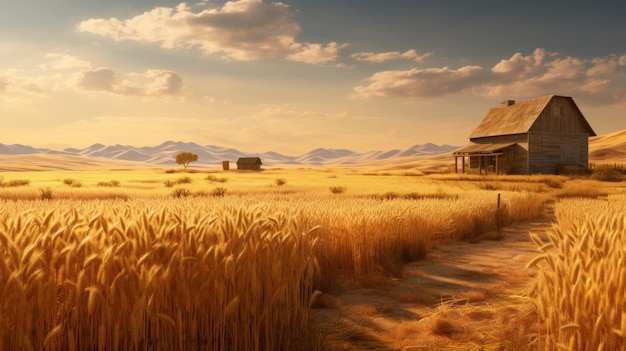 3D renderowanie pola pszenicy ze stodołą w tle