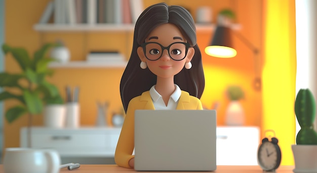 3D renderowanie postaci kobiecych pracujących przy biurku z laptopem