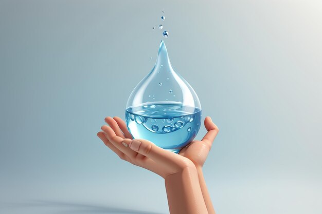 3D renderowanie ręki trzymającej kroplę wody izolowaną na białym tle koncepcja uratować dzień wody w marcu 3D rendering ilustracja minimalny styl kreskówki