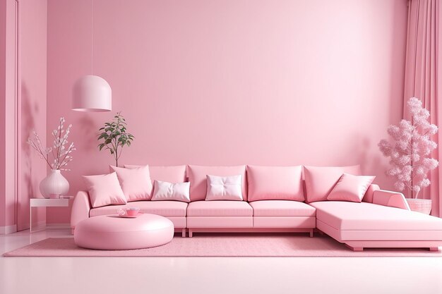 Zdjęcie 3d renderowanie różowej monochromatycznej przestrzeni z nowoczesną kanapą w salonie minimalny styl koncepcji pastelowy styl koloru