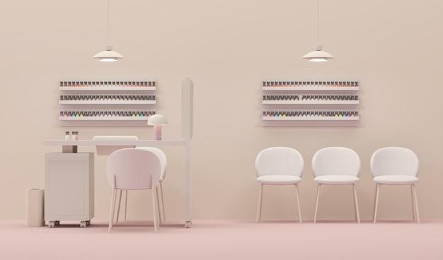 3D renderowanie salonu paznokci spa na beżowym i różowym tle 3D ilustracja luksusowego studia piękności