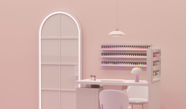 Zdjęcie 3d renderowanie salonu paznokci w spa na pastelowo-różowym tle 3d ilustracja luksusowego studia piękności