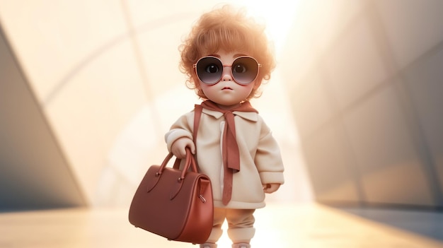 3D renderowanie słodkiego, grubego dziecka-modelu noszącego okulary przeciwsłoneczne, ubrania modne, trzymającego torbę projektanta
