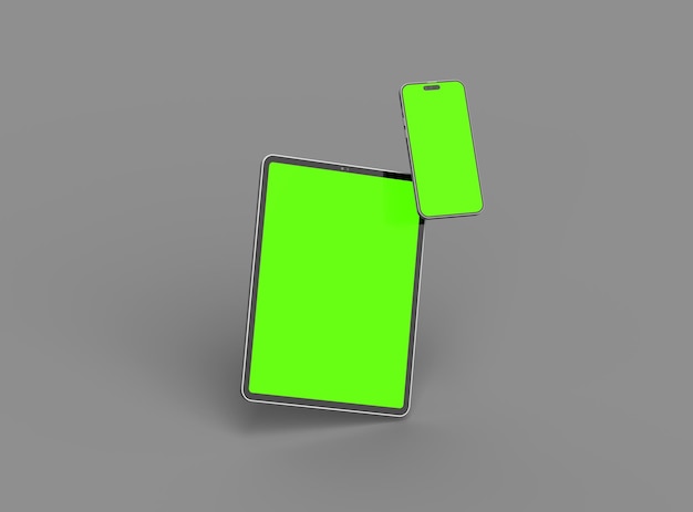 3D renderowanie smartfonu i tabletu z zielonym ekranem na ciemnym tle