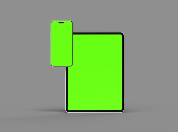 3D renderowanie smartfonu i tabletu z zielonym ekranem na ciemnym tle