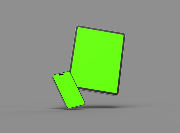3D renderowanie smartfonu i tabletu z zielonym ekranem na ciemnym tle