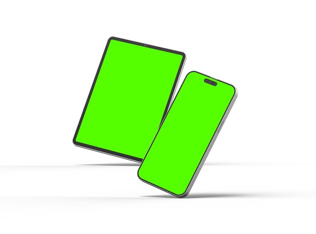 3D renderowanie smartfonu i tabletu z zielonym ekranem na jasnym tle