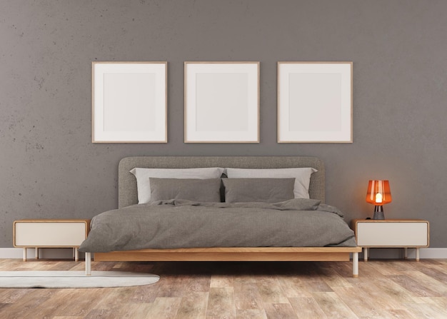 3d Renderowanie sypialni z ciemną ścianą gipsową i drewnianą podłogą Ramki na ścianie