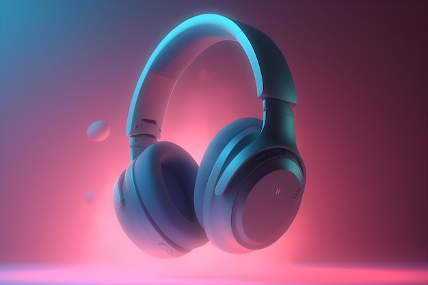 3D renderowanie szarych słuchawek ze świecącym różowym tłem