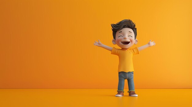 3D renderowanie szczęśliwego chłopca z kreskówek z wyciągniętymi ramionami Chłopiec nosi żółtą koszulkę i niebieskie dżinsy