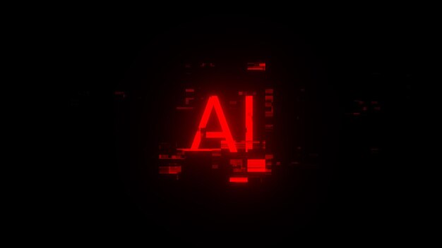 3D renderowanie tekstu AI z efektami ekranu usterek technologicznych