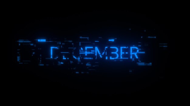 3D renderowanie tekstu grudnia z efektami ekranu usterek technologicznych