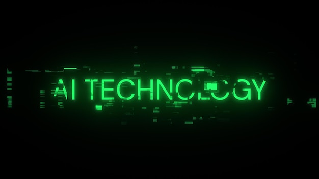 3D renderowanie tekstu technologii AI z efektami ekranu usterek technologicznych