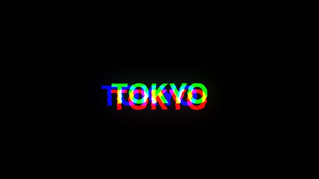 3D renderowanie tekstu w Tokio z efektami ekranu usterek technologicznych