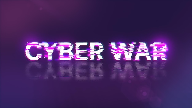 3D renderowanie tekstu wojny cybernetycznej z efektami ekranu usterek technologicznych