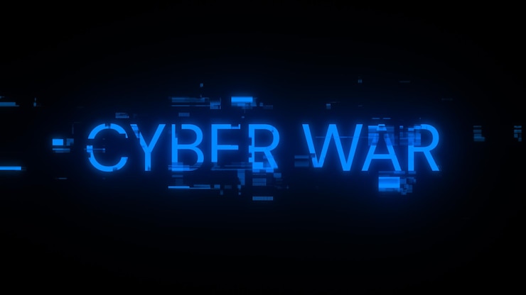Zdjęcie 3d renderowanie tekstu wojny cybernetycznej z efektami ekranu usterek technologicznych