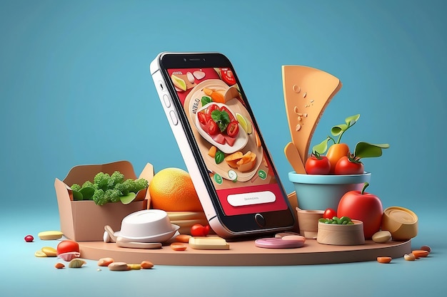 Zdjęcie 3d renderowanie telefonu z przyciskiem jedzenia i zamówienia na tle koncepcja dostawy jedzenia online 3d rendering ilustracja w stylu kreskówki