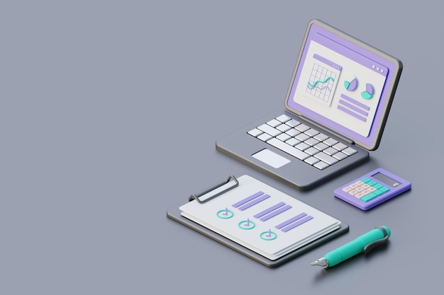 3D renderowanie tła biura szkoły z kalkulatora pióra notebooka laptopa schowka