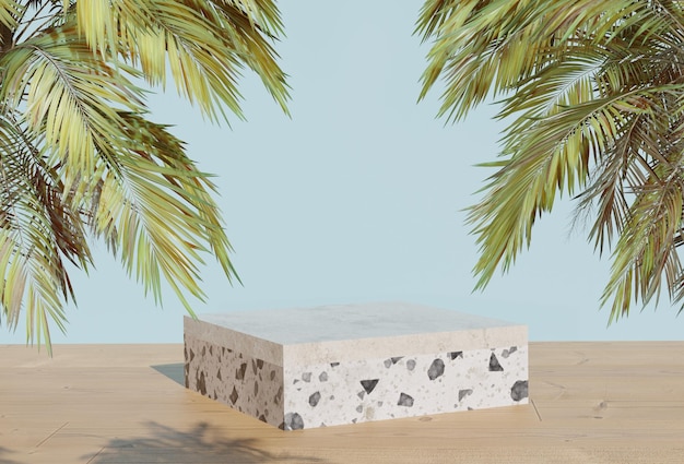 Zdjęcie 3d renderowanie tła prezentacji produktu z sześcianem podium i wiosennym motywem liści palmowych