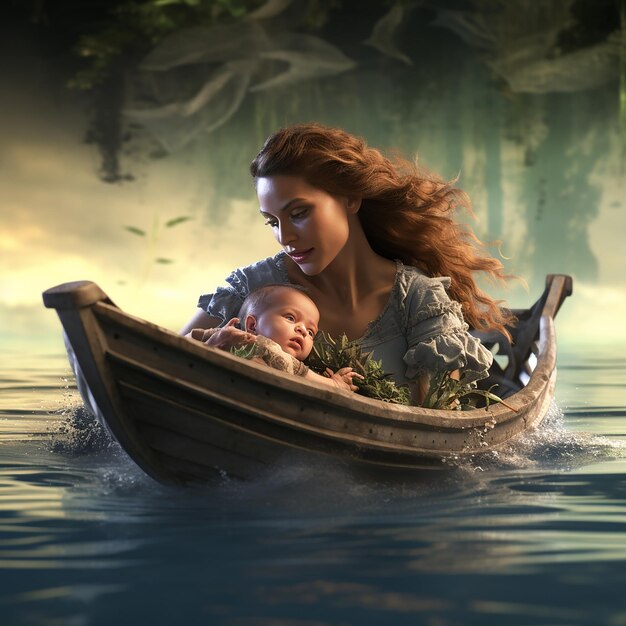3D renderowanie ultra realistycznej matki i dziecka w łodzi