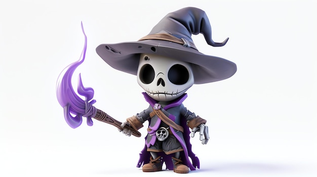 3D renderowanie uroczego szkieletu czarownika Czarnoksiężnik nosi fioletową szatę i brązowy kapelusz trzyma w prawej ręce magiczną laskę