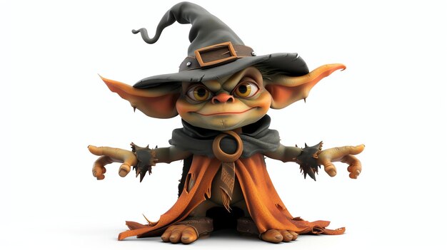 3D renderowanie uroczej i przyjaznej postaci goblina Goblin nosi szary kapelusz i brązowy płaszcz i ma złośliwy uśmiech na twarzy