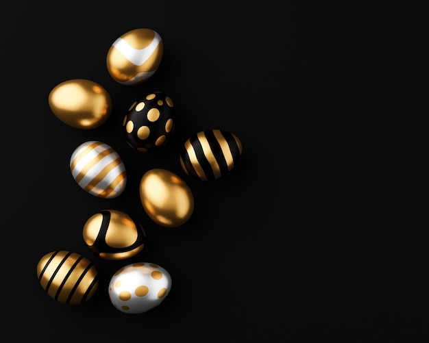 3d renderowanie złotego i białego transparentu pisanek na czarnym tle Minimalna koncepcja wielkanocna Ramka renderowania 3d