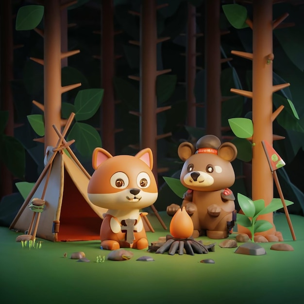 3d renderowanie zwierzęcia leśnego z namiotem