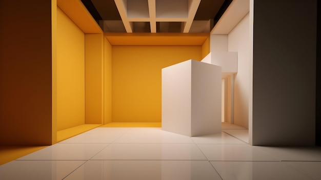 3D renderowany biały i żółty pokój z prostokątnym pryzmatem