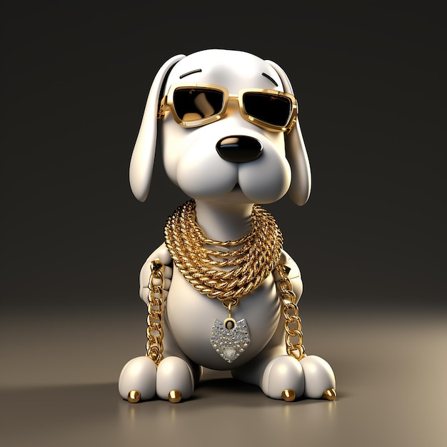 3D renderowany kreskówka Snoopy psa z błyszczącym złotym i diamentowym łańcuchem w stylu hip hop