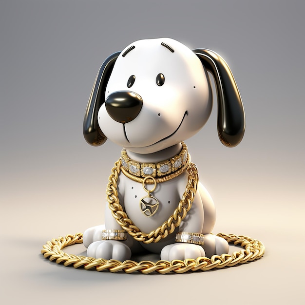 3D renderowany kreskówka Snoopy psa z błyszczącym złotym i diamentowym łańcuchem w stylu hip hop