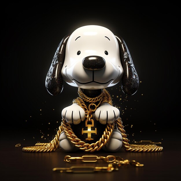 3D renderowany kreskówka Snoopy psa z błyszczącym złotym i diamentowym łańcuchem w stylu hip hop