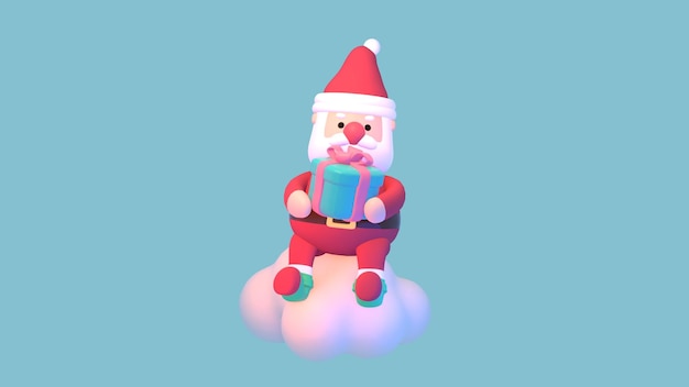 3d renderowany kreskówka Święty Mikołaj z prezentem siedzący na obiekcie chmury na turkusowo-niebieskim tle