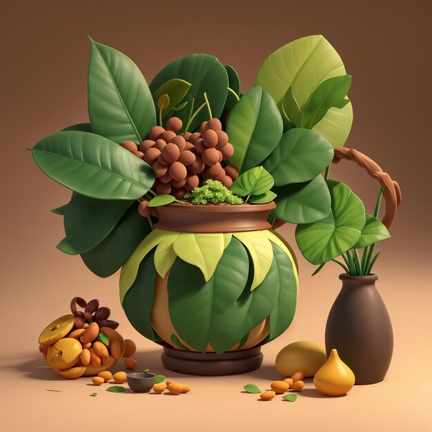 3D renderowany martwy wazon z liśćmi i brazylijską ilustracją doniczki z jedzeniem i roślinami